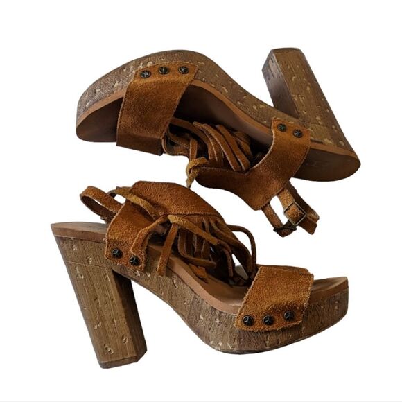 Groove Midnight Fringe Wooden Wedge Sandal Platform Brown Suede Size 9 - Picture 2 of 10